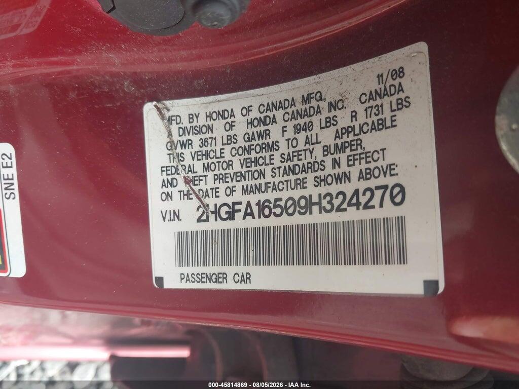 2HGFA16509H324270 2009 HONDA CIVIC photo no. 9