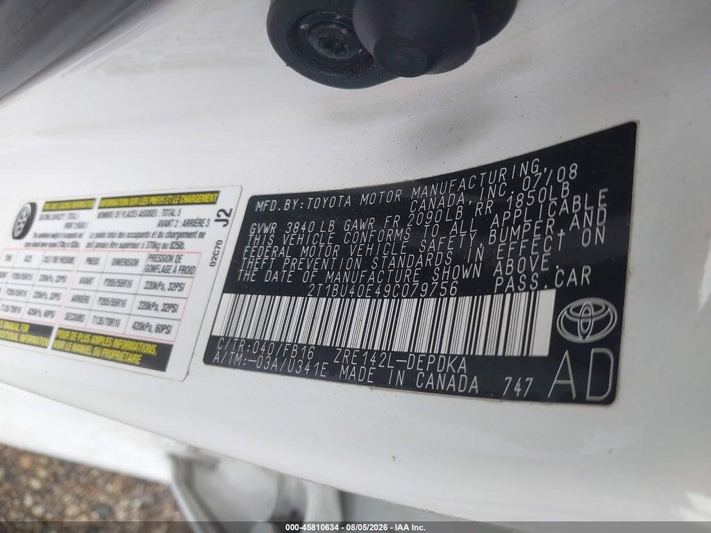 2T1BU40E49C079756 2009 TOYOTA COROLLA photo no. 9