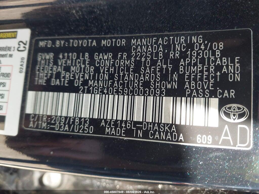 2T1GE40E59C003093 2009 TOYOTA MATRIX photo no. 9