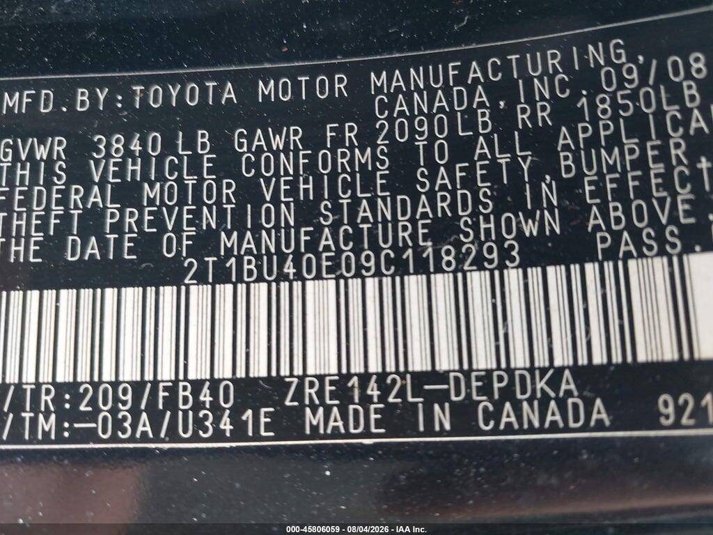 2T1BU40E09C118293 2009 TOYOTA COROLLA photo no. 9