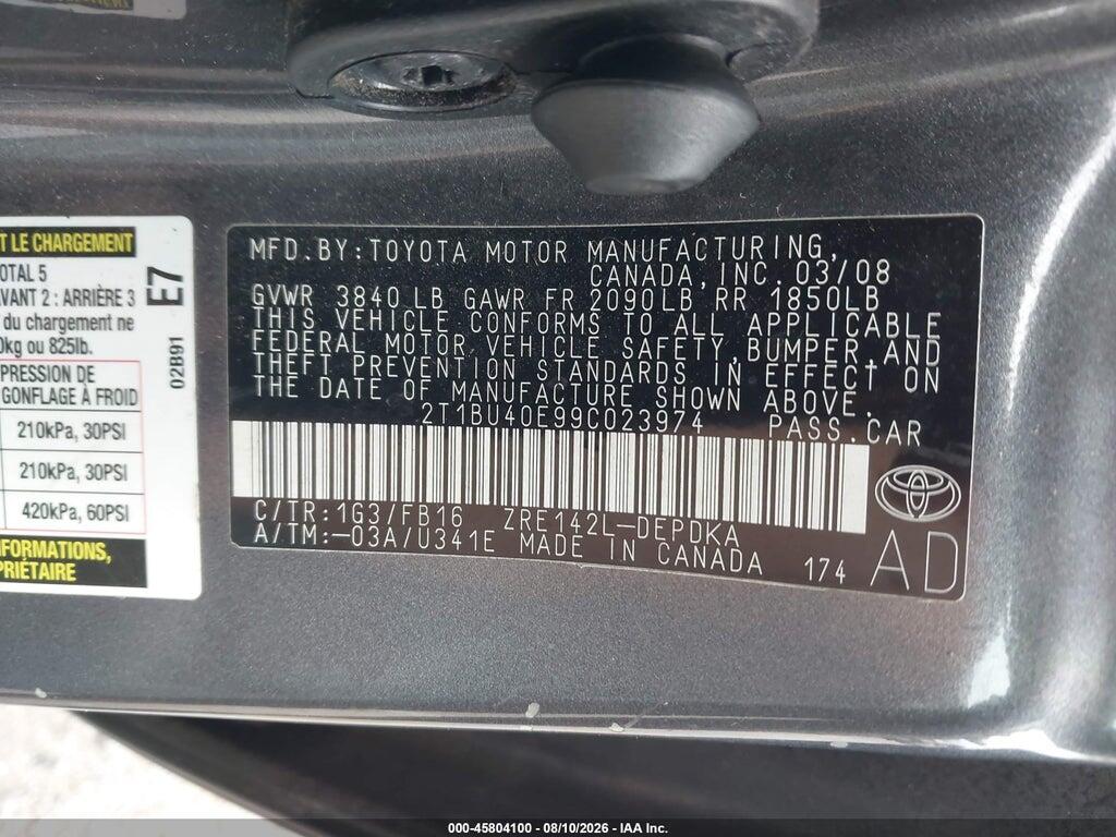 2T1BU40E99C023974 2009 TOYOTA COROLLA photo no. 9