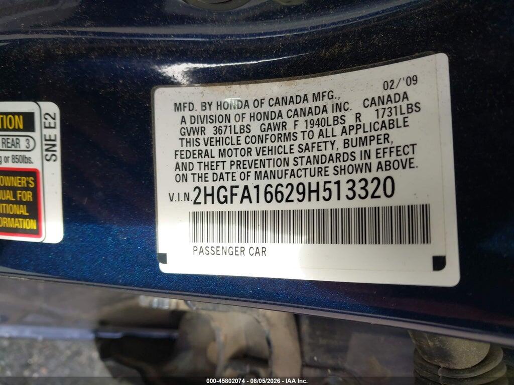2HGFA16629H513320 2009 HONDA CIVIC photo no. 9