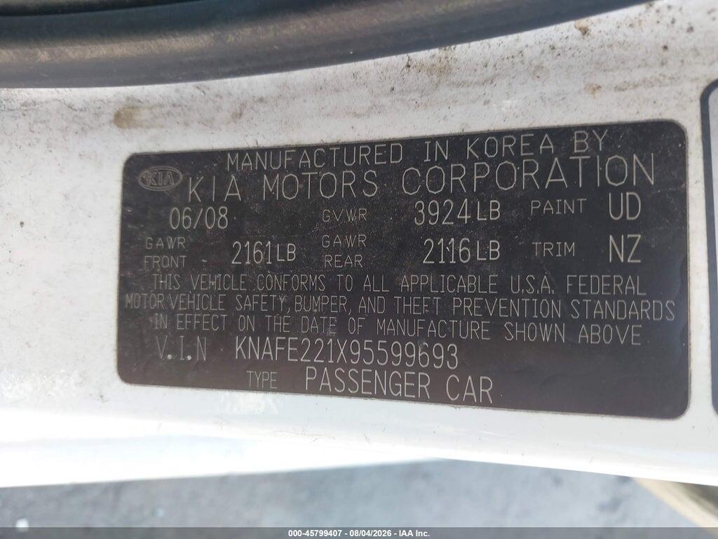 KNAFE221X95599693 2009 KIA SPECTRA photo no. 9