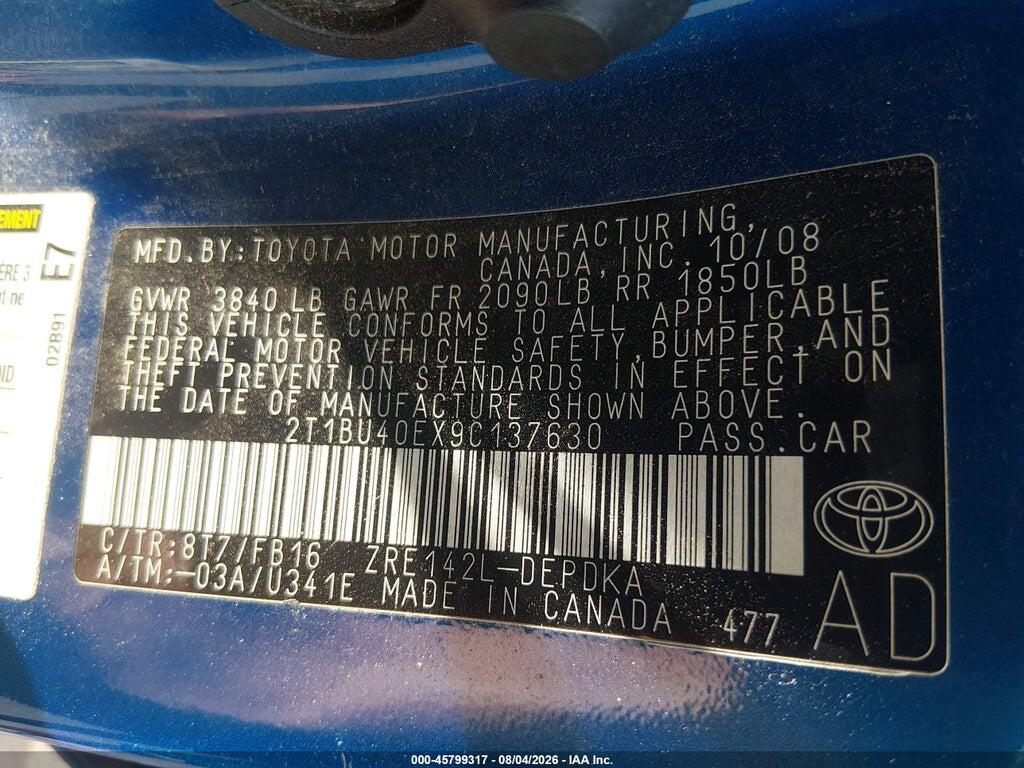 2T1BU40EX9C137630 2009 TOYOTA COROLLA photo no. 9