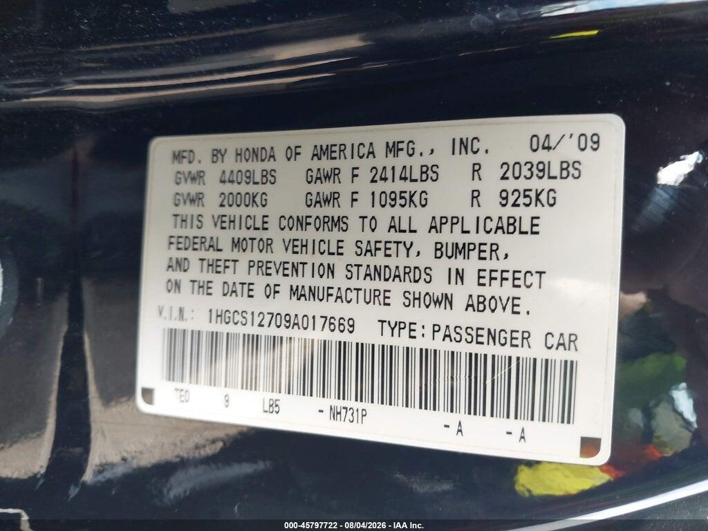 1HGCS12709A017669 2009 HONDA ACCORD photo no. 9