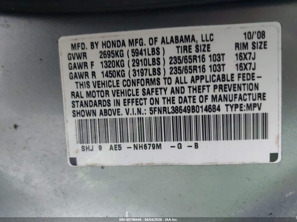 5FNRL38649B014684 2009 HONDA ODYSSEY photo no. 9