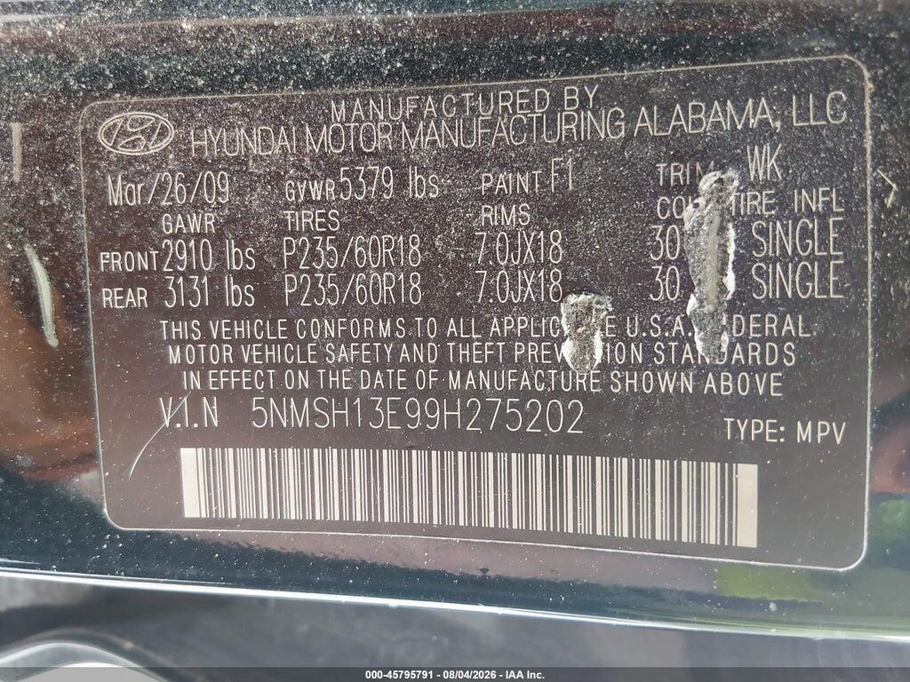 5NMSH13E99H275202 2009 HYUNDAI SANTA FE photo no. 9