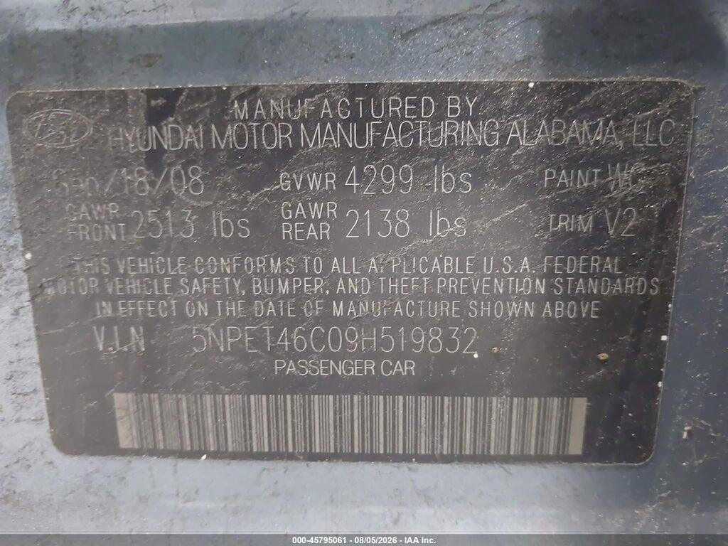 5NPET46C09H519832 2009 HYUNDAI SONATA photo no. 9