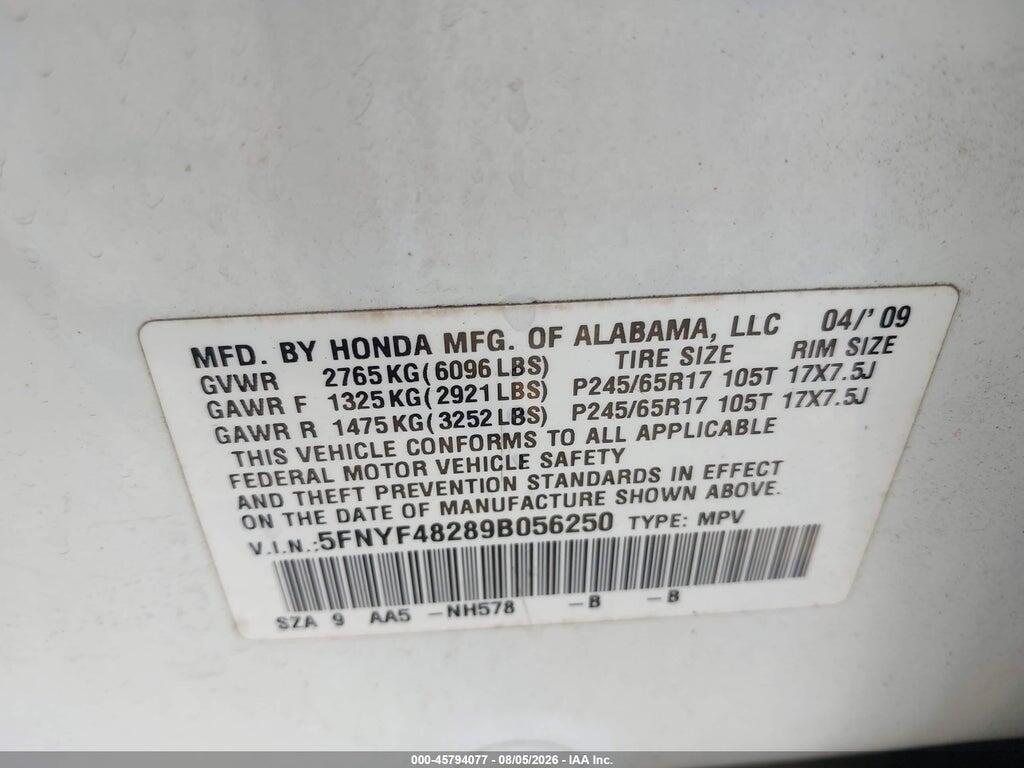 5FNYF48289B056250 2009 HONDA PILOT photo no. 9
