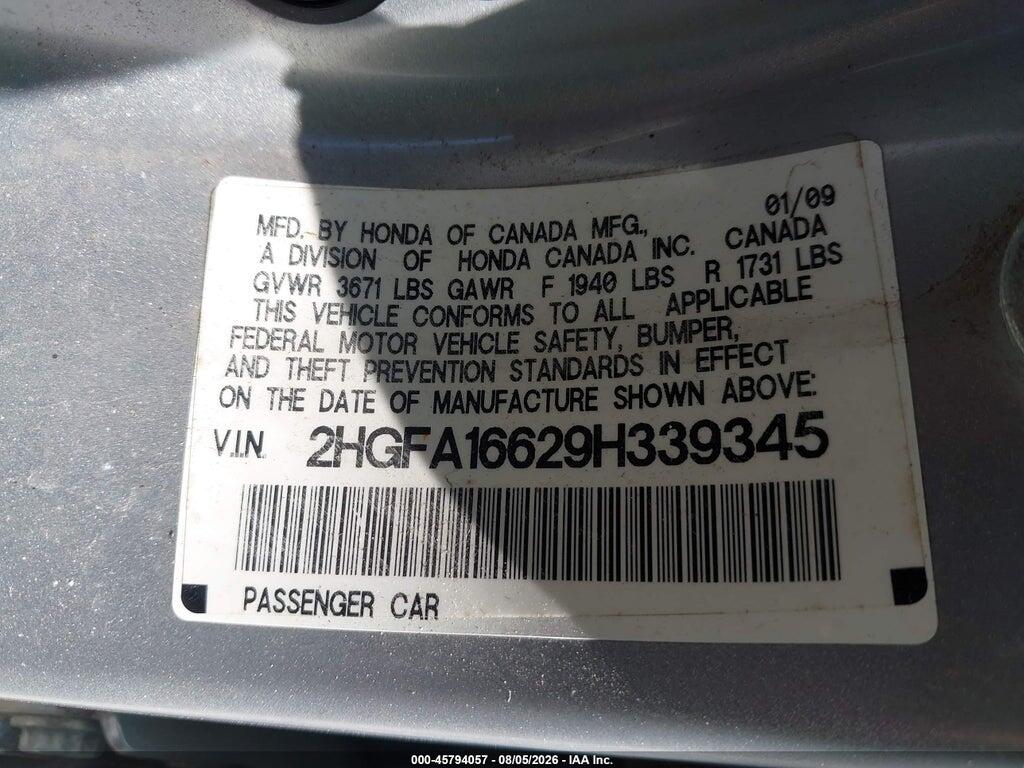 2HGFA16629H339345 2009 HONDA CIVIC photo no. 9