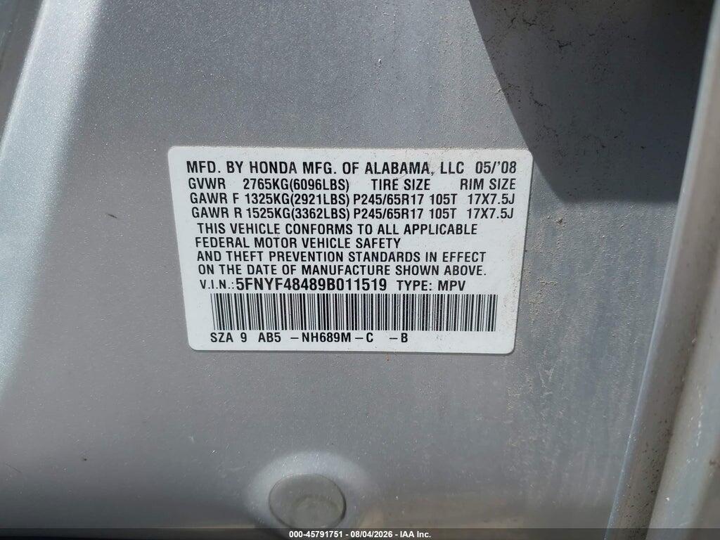 5FNYF48489B011519 2009 HONDA PILOT photo no. 9