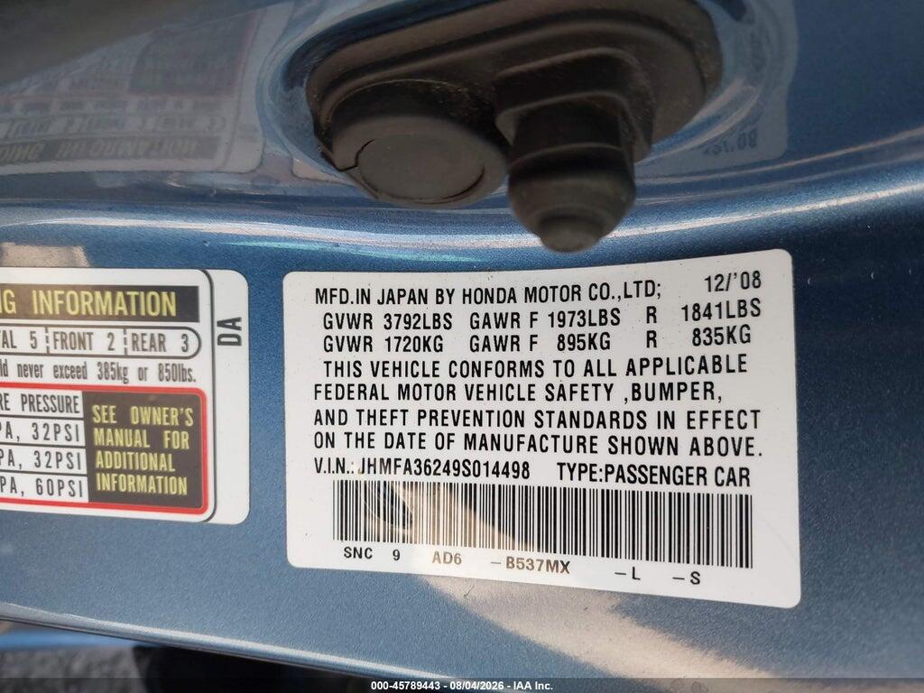 JHMFA36249S014498 2009 HONDA CIVIC HYBRID photo no. 9
