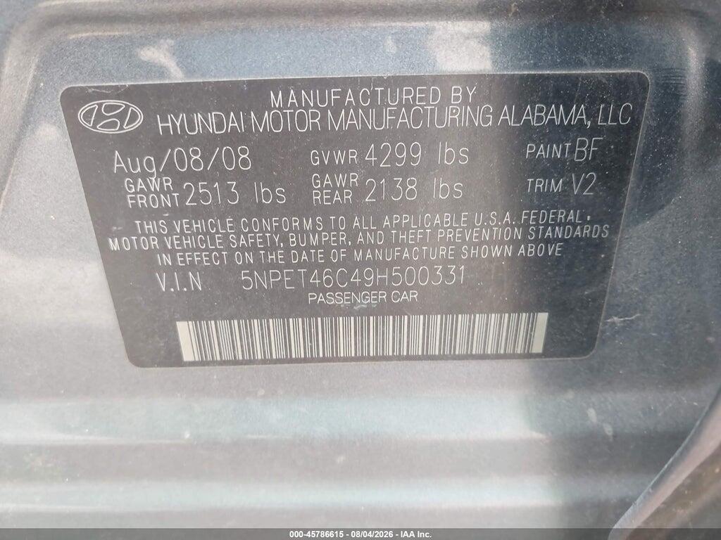 5NPET46C49H500331 2009 HYUNDAI SONATA photo no. 9