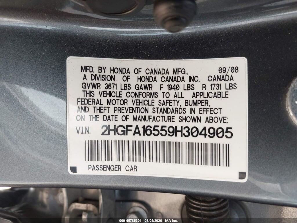 2HGFA16559H304905 2009 HONDA CIVIC photo no. 9