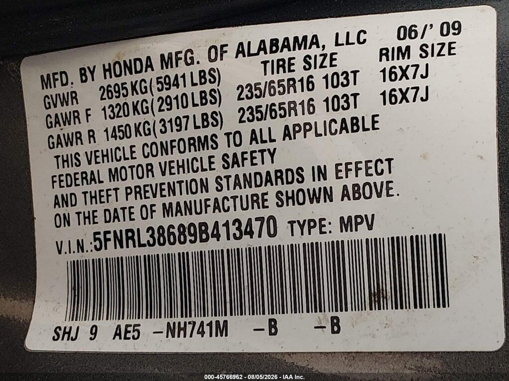 5FNRL38689B413470 2009 HONDA ODYSSEY photo no. 9