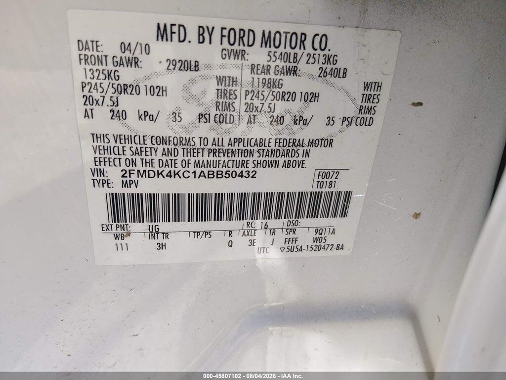 2FMDK4KC1ABB50432 2010 FORD EDGE photo no. 9