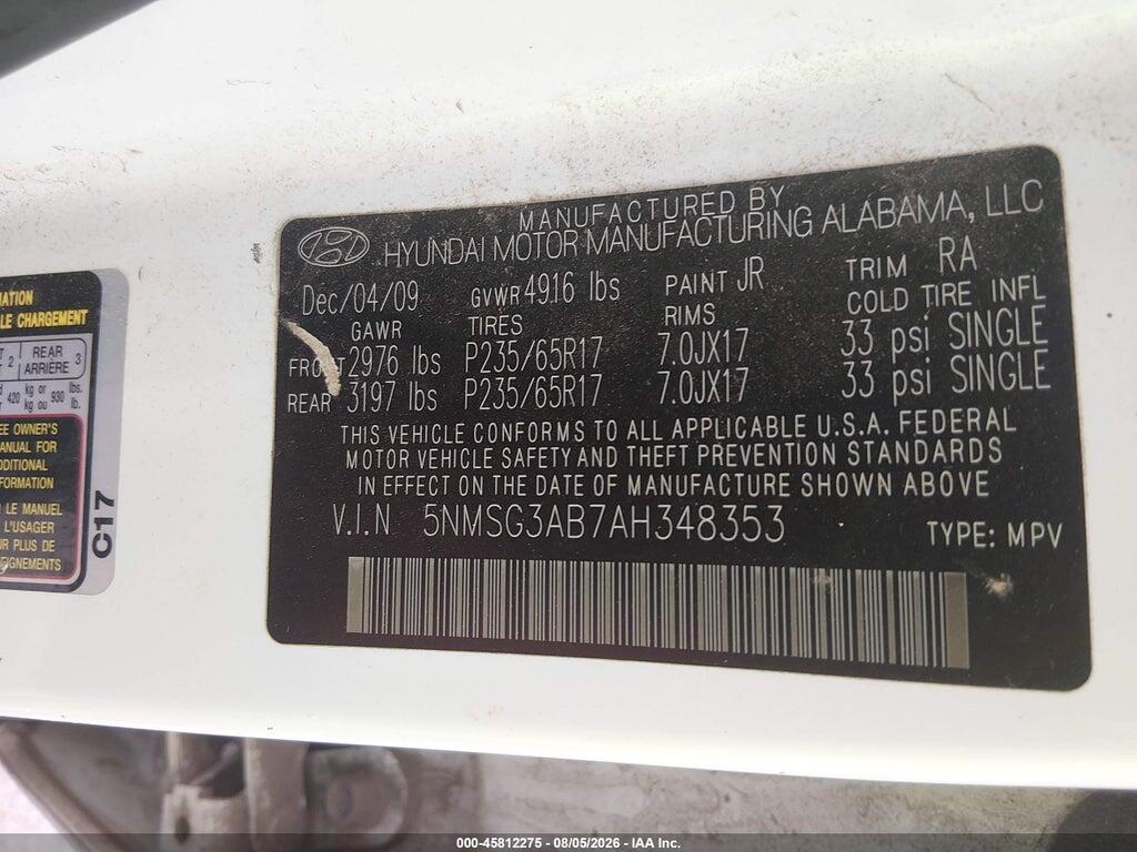5NMSG3AB7AH348353 2010 HYUNDAI SANTA FE photo no. 9