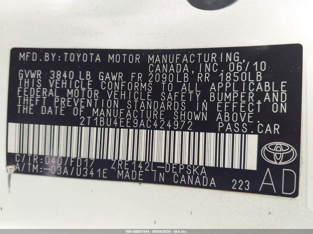 2T1BU4EE9AC424972 2010 TOYOTA COROLLA photo no. 9