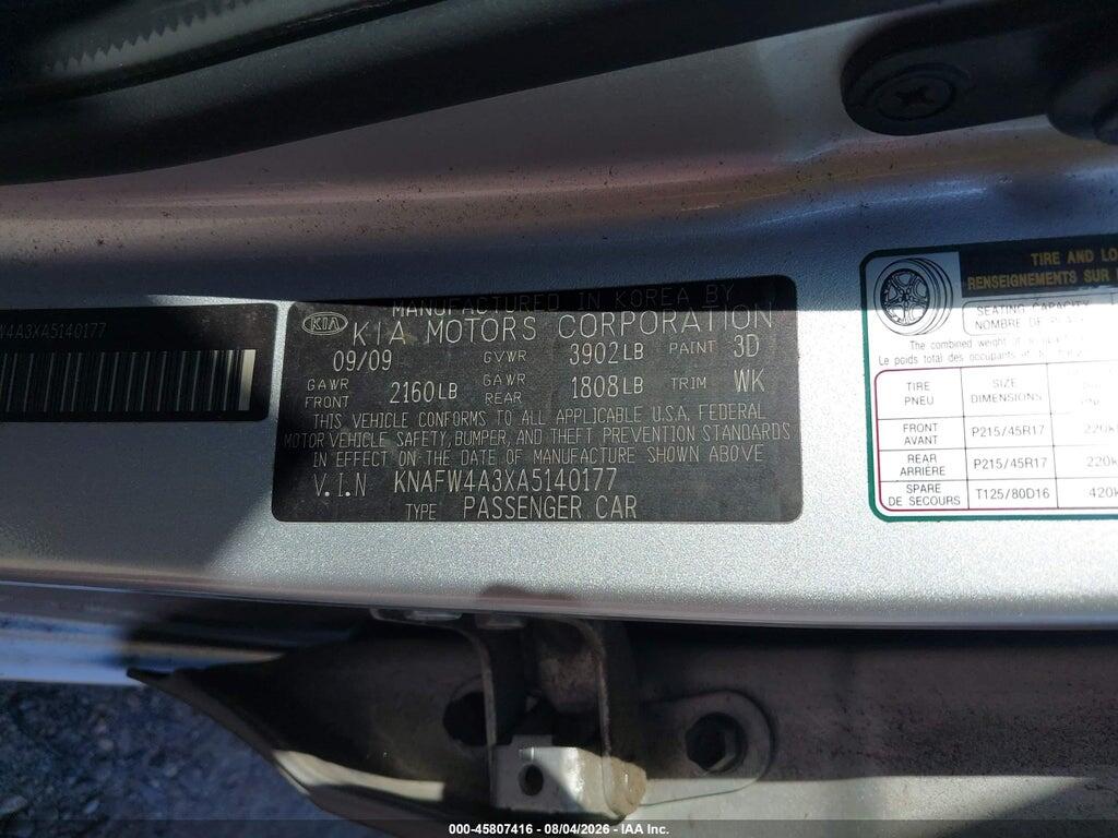 KNAFW4A3XA5140177 2010 KIA FORTE photo no. 9