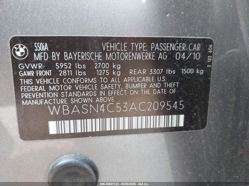 WBASN4C53AC209545 2010 BMW 550I GRAN TURISMO photo no. 9