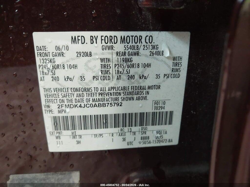 2FMDK4JC0ABB75792 2010 FORD EDGE photo no. 9