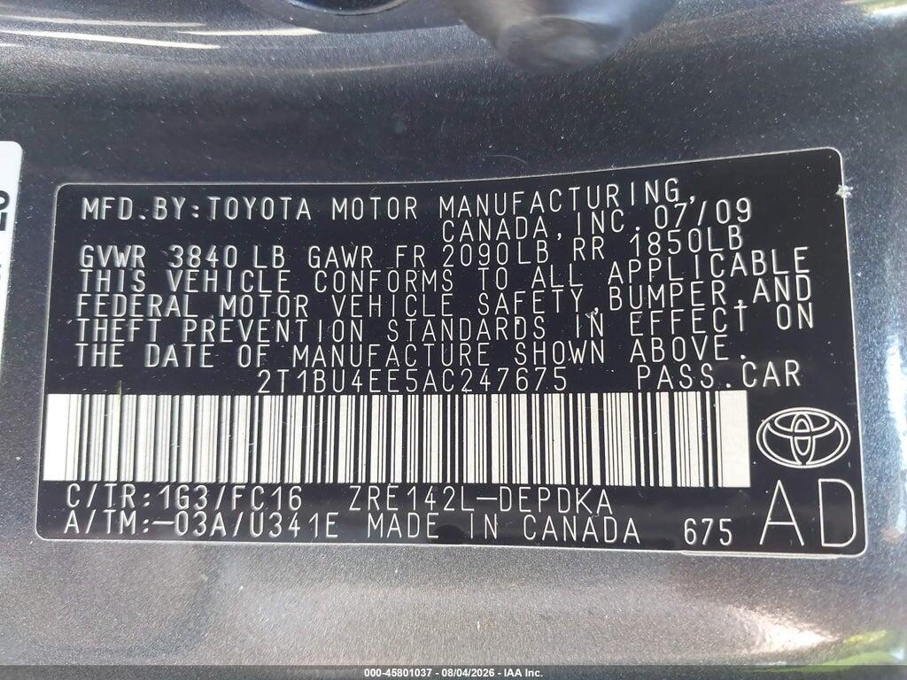 2T1BU4EE5AC247675 2010 TOYOTA COROLLA photo no. 9