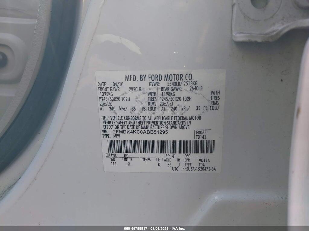 2FMDK4KC0ABB51295 2010 FORD EDGE photo no. 9