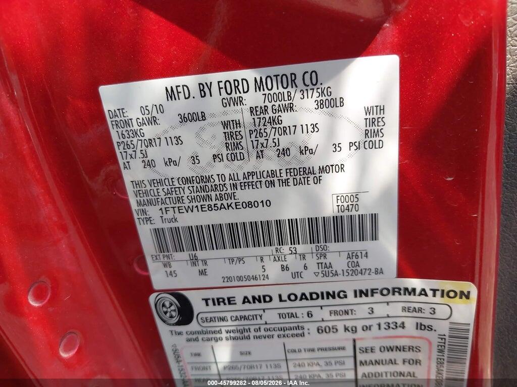 1FTEW1E85AKE08010 2010 FORD F-150 photo no. 9