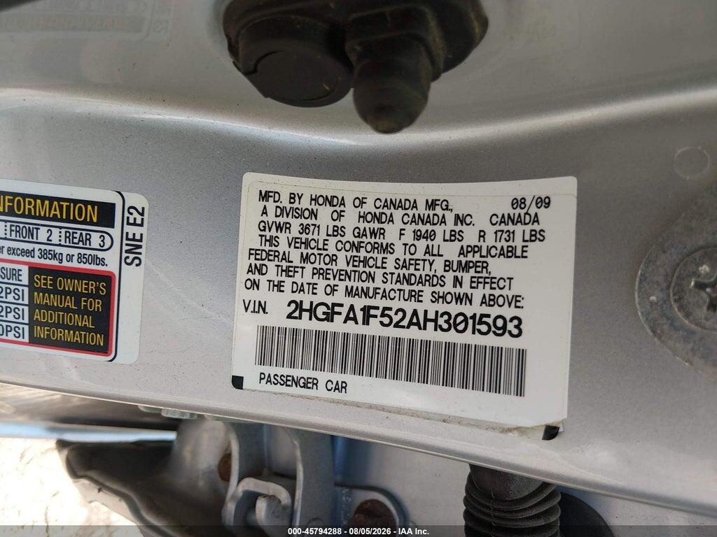 2HGFA1F52AH301593 2010 HONDA CIVIC photo no. 9