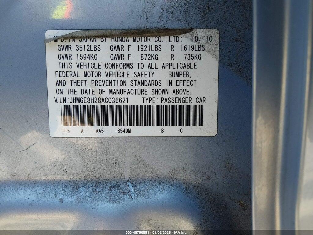 JHMGE8H28AC036621 2010 HONDA FIT photo no. 9