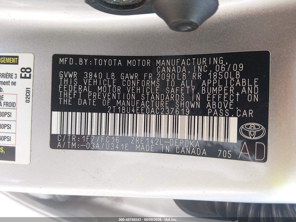 2T1BU4EE0AC237619 2010 TOYOTA COROLLA photo no. 9