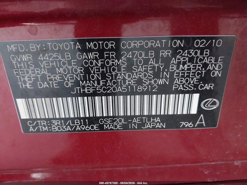 JTHBF5C20A5118912 2010 LEXUS IS 250 photo no. 9