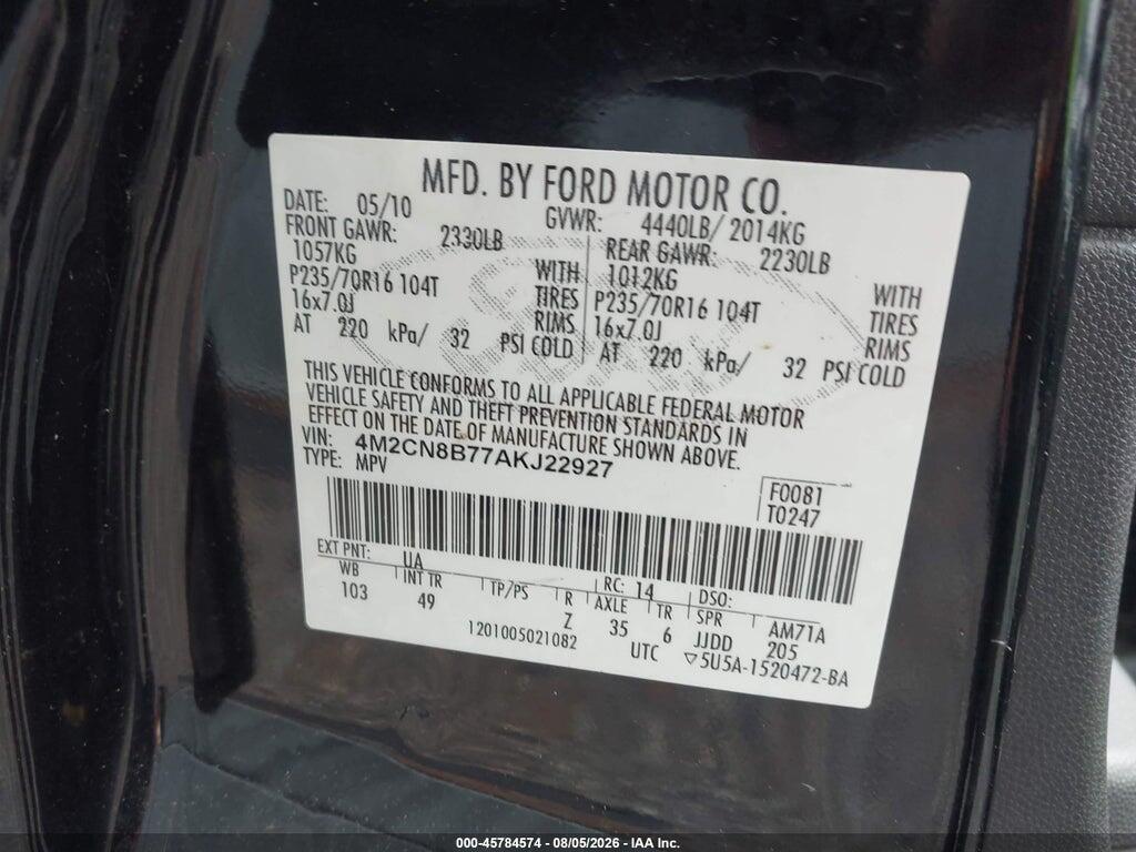 4M2CN8B77AKJ22927 2010 MERCURY MARINER photo no. 9