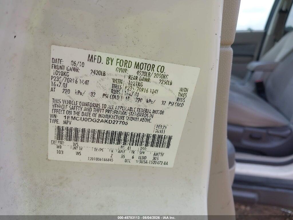 1FMCU0DG2AKD27705 2010 FORD ESCAPE photo no. 9