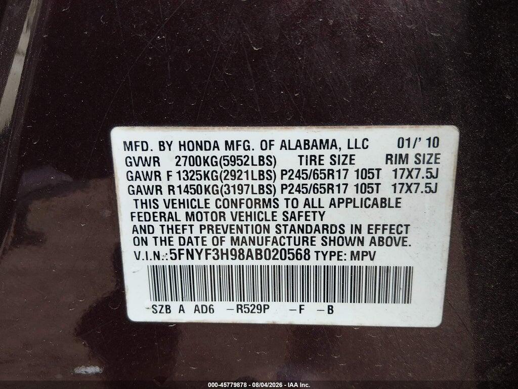 5FNYF3H98AB020568 2010 HONDA PILOT photo no. 9