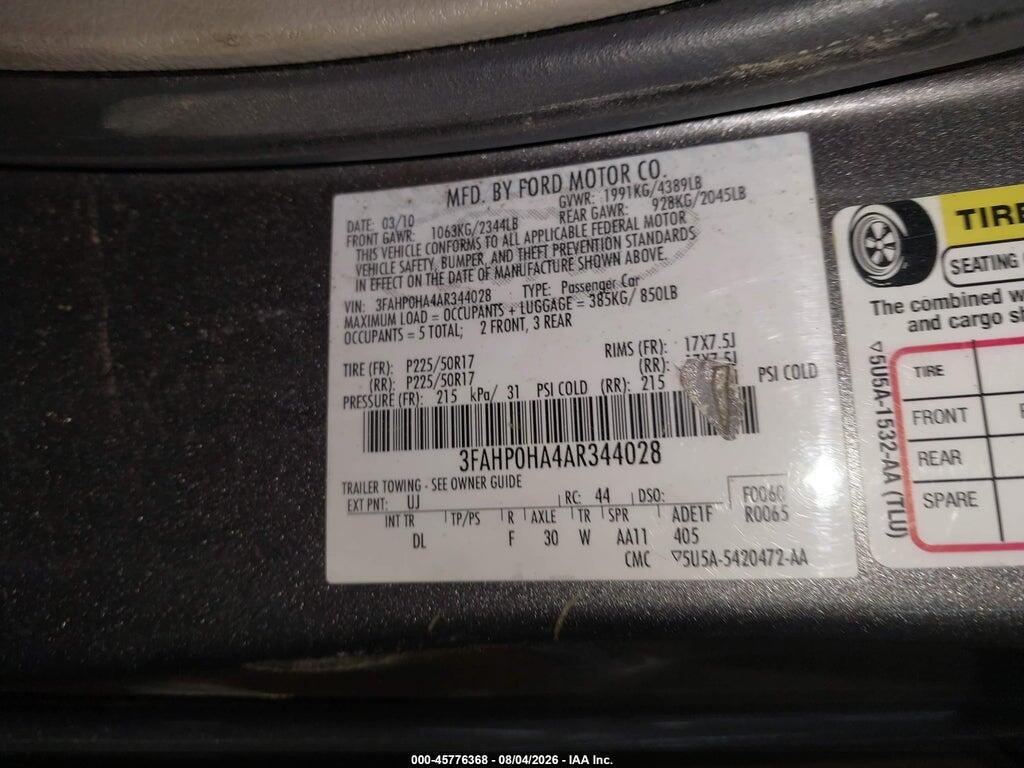 3FAHP0HA4AR344028 2010 FORD FUSION photo no. 9