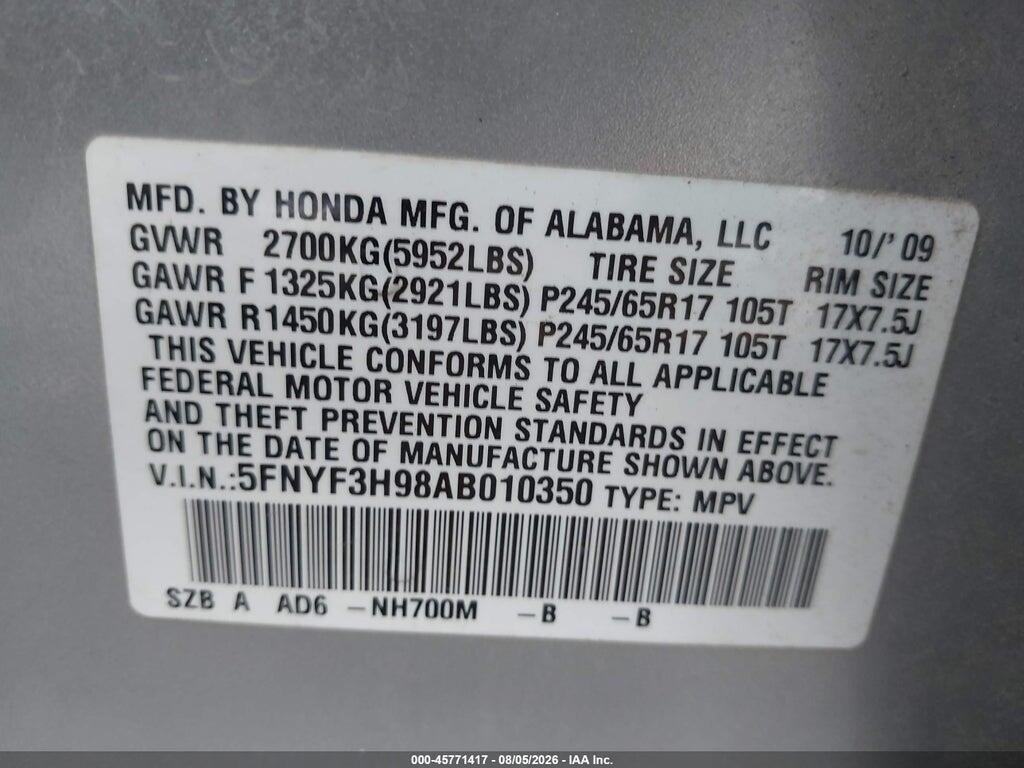 5FNYF3H98AB010350 2010 HONDA PILOT photo no. 9