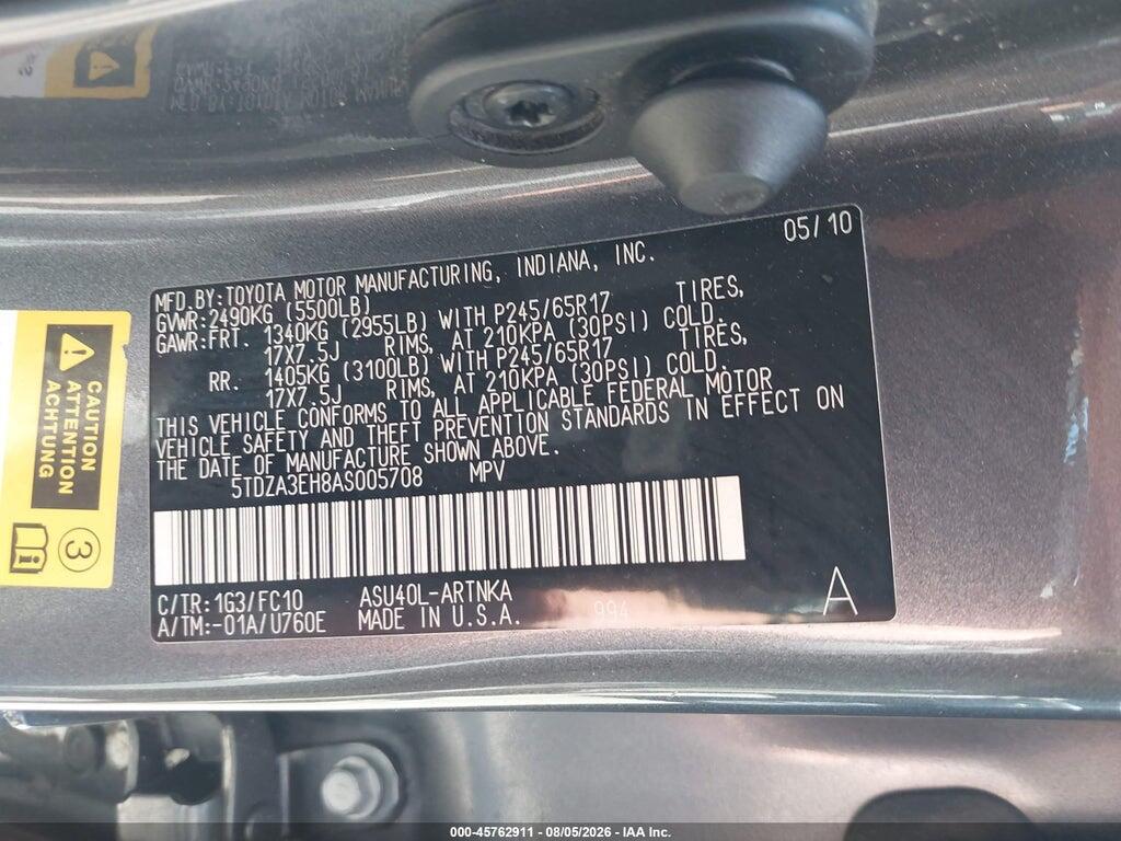 5TDZA3EH8AS005708 2010 TOYOTA HIGHLANDER photo no. 9