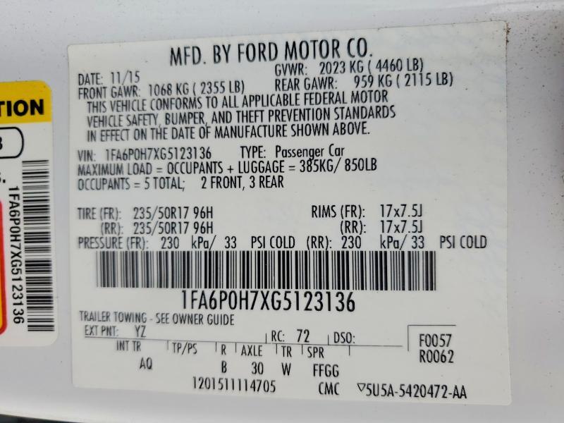 1FA6P0H7XG5123136 2016 FORD FUSION photo no. 12