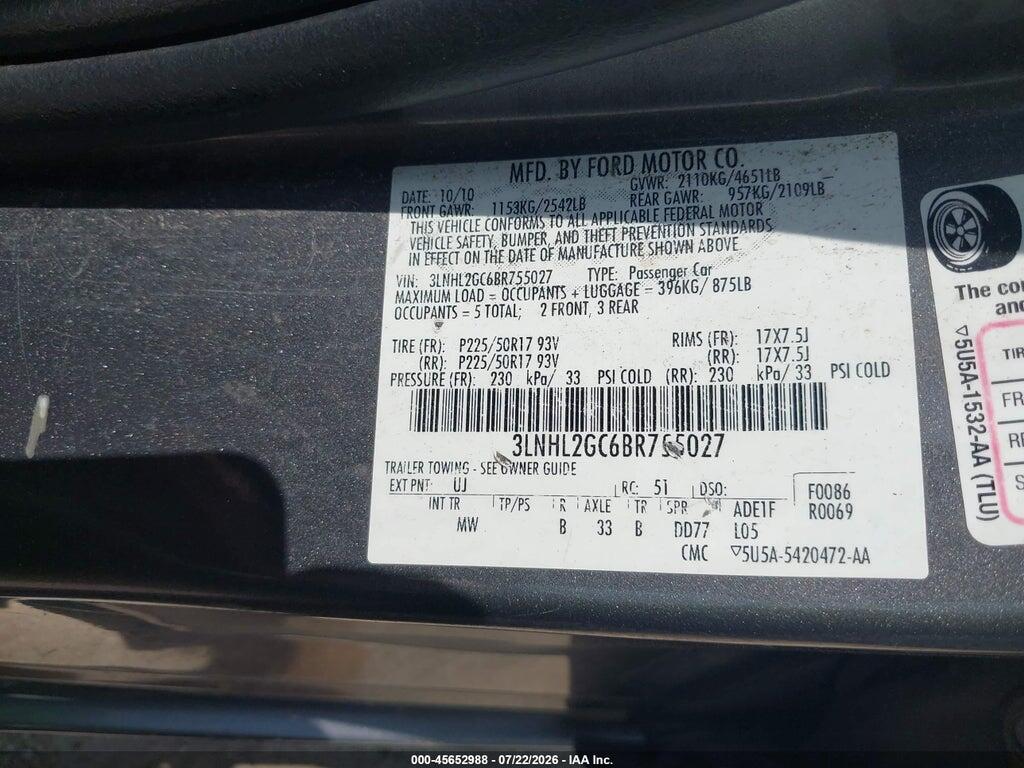 3LNHL2GC6BR755027 2011 LINCOLN MKZ photo no. 9