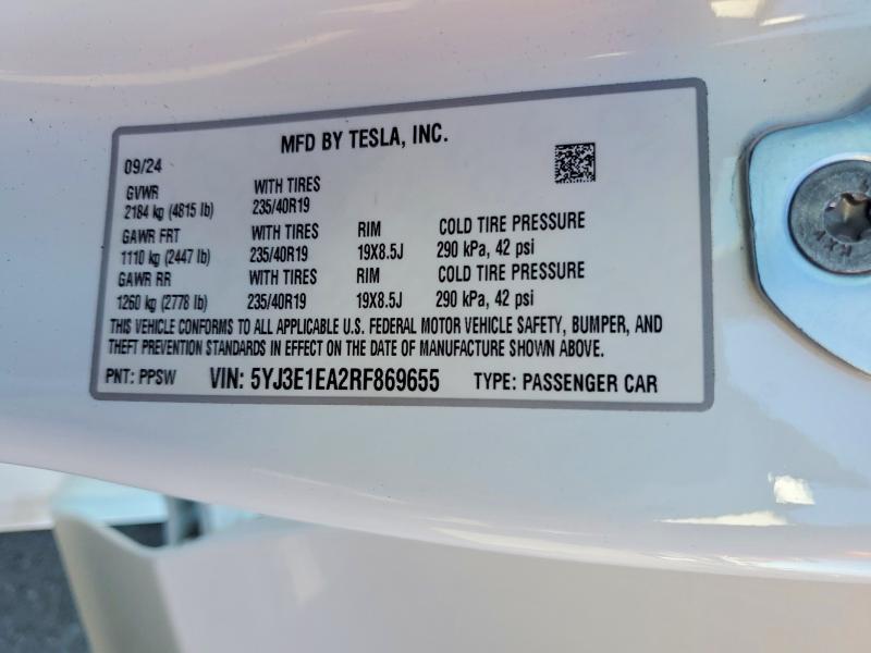 5YJ3E1EA2RF869655 2024 TESLA MODEL 3 photo no. 12
