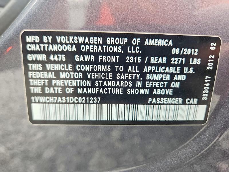 1VWCH7A31DC021237 2013 VOLKSWAGEN PASSAT photo no. 12