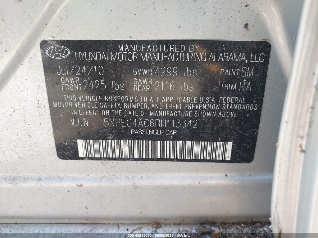 5NPEC4AC6BH113342 2011 HYUNDAI SONATA photo no. 9