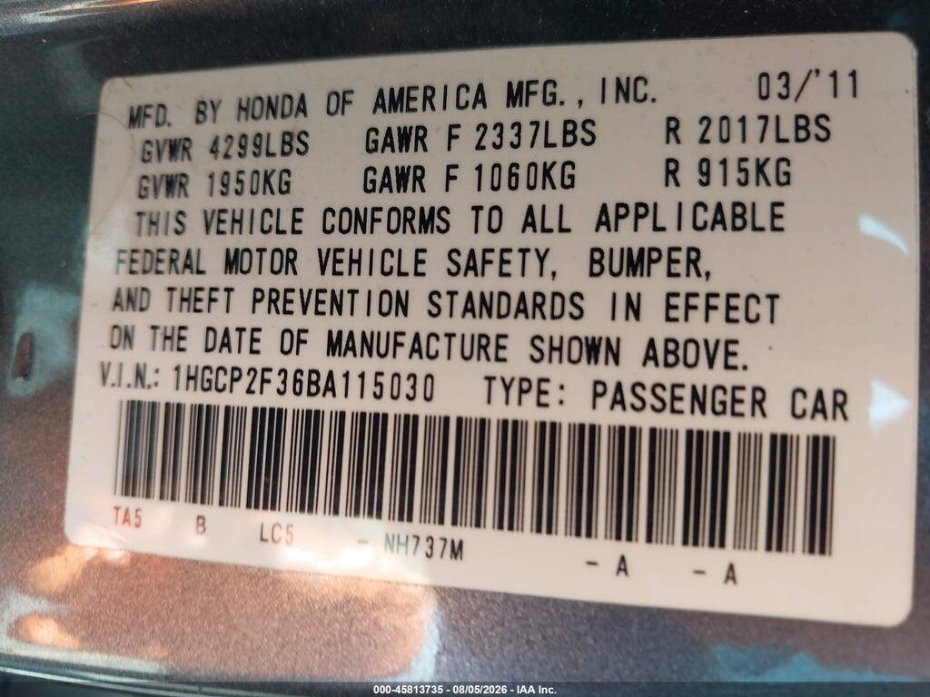 1HGCP2F36BA115030 2011 HONDA ACCORD photo no. 9