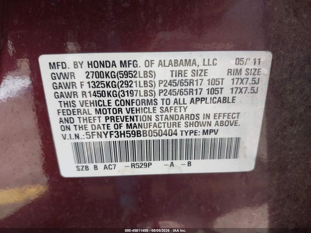 5FNYF3H59BB050404 2011 HONDA PILOT photo no. 9