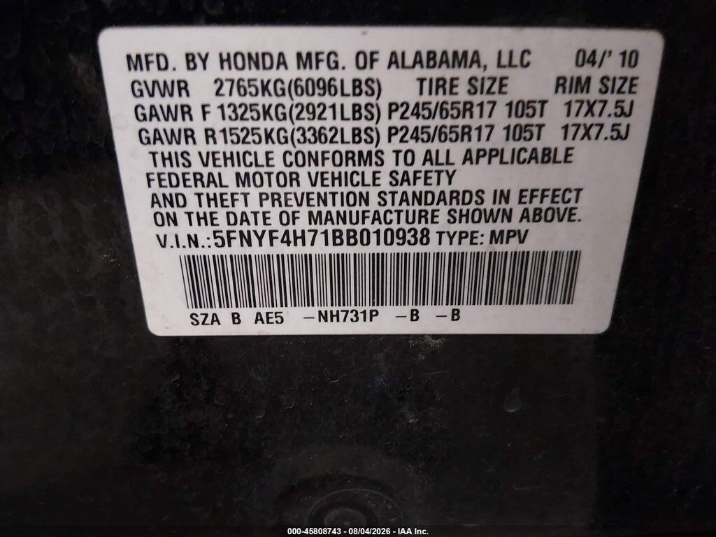 5FNYF4H71BB010938 2011 HONDA PILOT photo no. 9