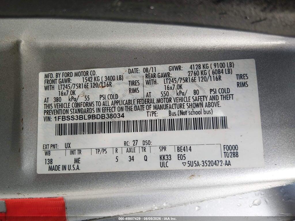 1FBSS3BL9BDB38034 2011 FORD E-350 SUPER DUTY photo no. 9