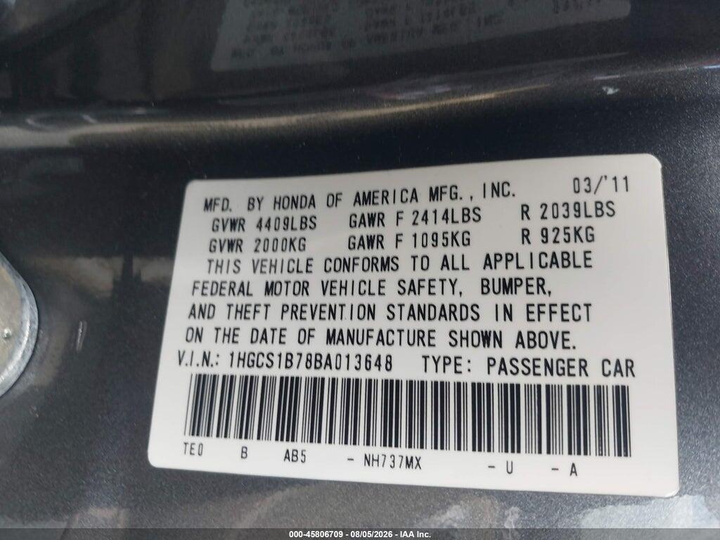 1HGCS1B78BA013648 2011 HONDA ACCORD photo no. 9