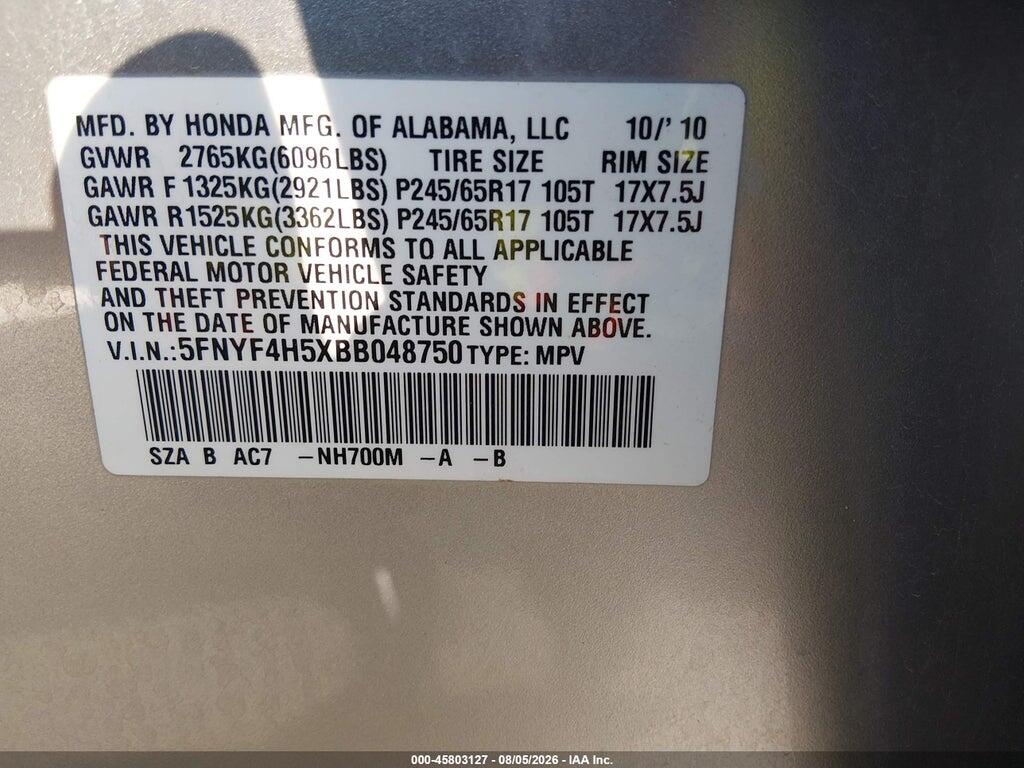 5FNYF4H5XBB048750 2011 HONDA PILOT photo no. 9