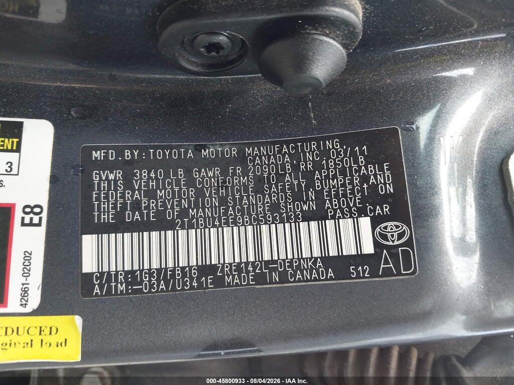 2T1BU4EE9BC593133 2011 TOYOTA COROLLA photo no. 9